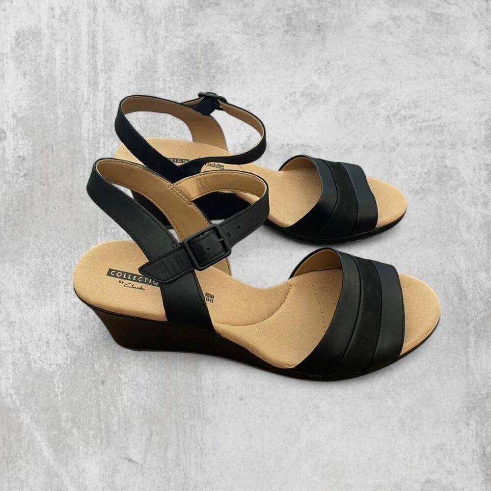Clarks Lafley Aletha Black Leather Wedge Sandals Cushion Soft Size 10 NWOT